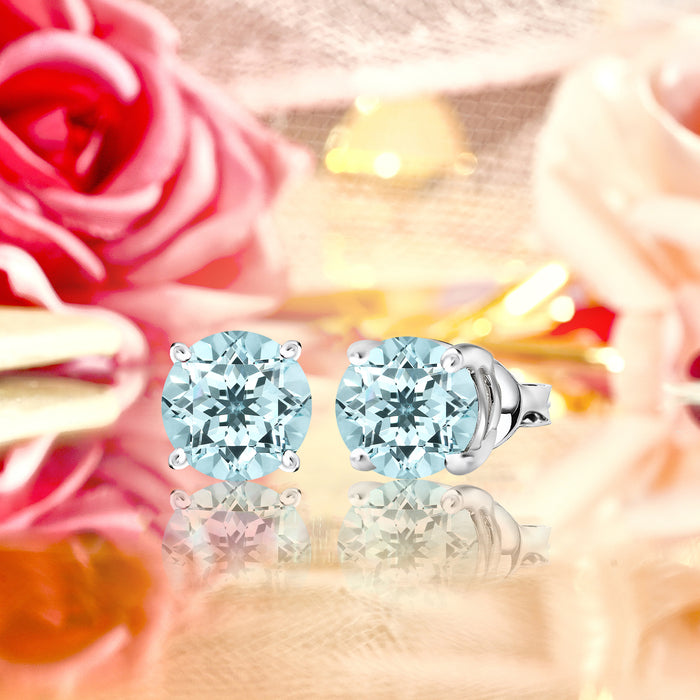 シルバー/K18WGP 1.0ct. ラウンドカット 一粒 完璧な3月の誕生石アクアマリンスタッドピアス