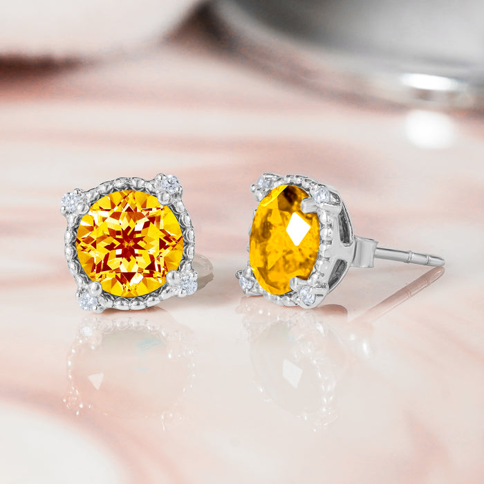 シルバー/K18WGP 合計3.50ct. ヘイローラウンドカット ミル打ち 活発な11月の誕生石シトリンスタッドピアス