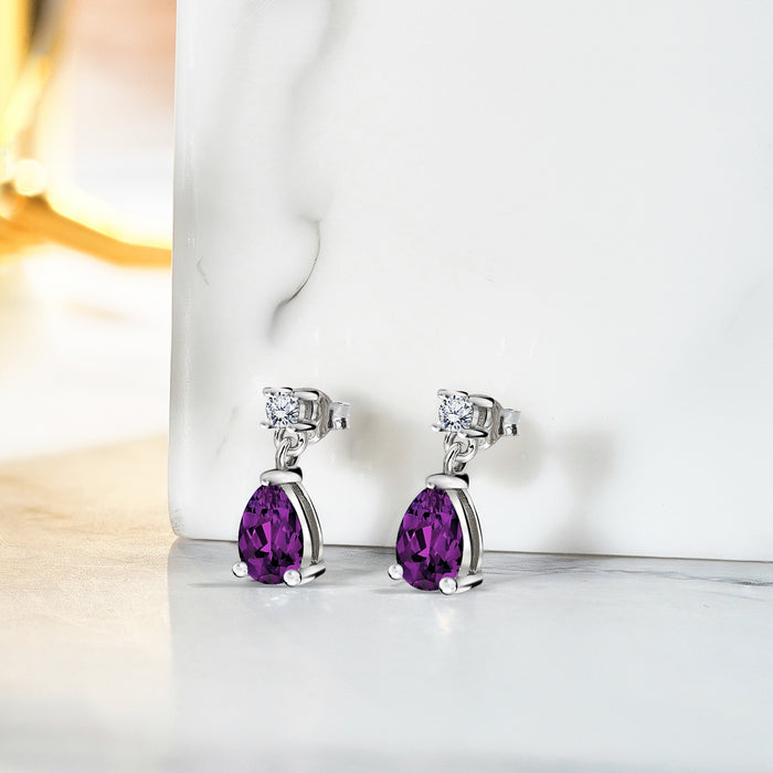 シルバー/K18WGP 合計2.50ct. ラウンドとペアシェイプカット ダングル 優雅な2月の誕生石アメシストピアス